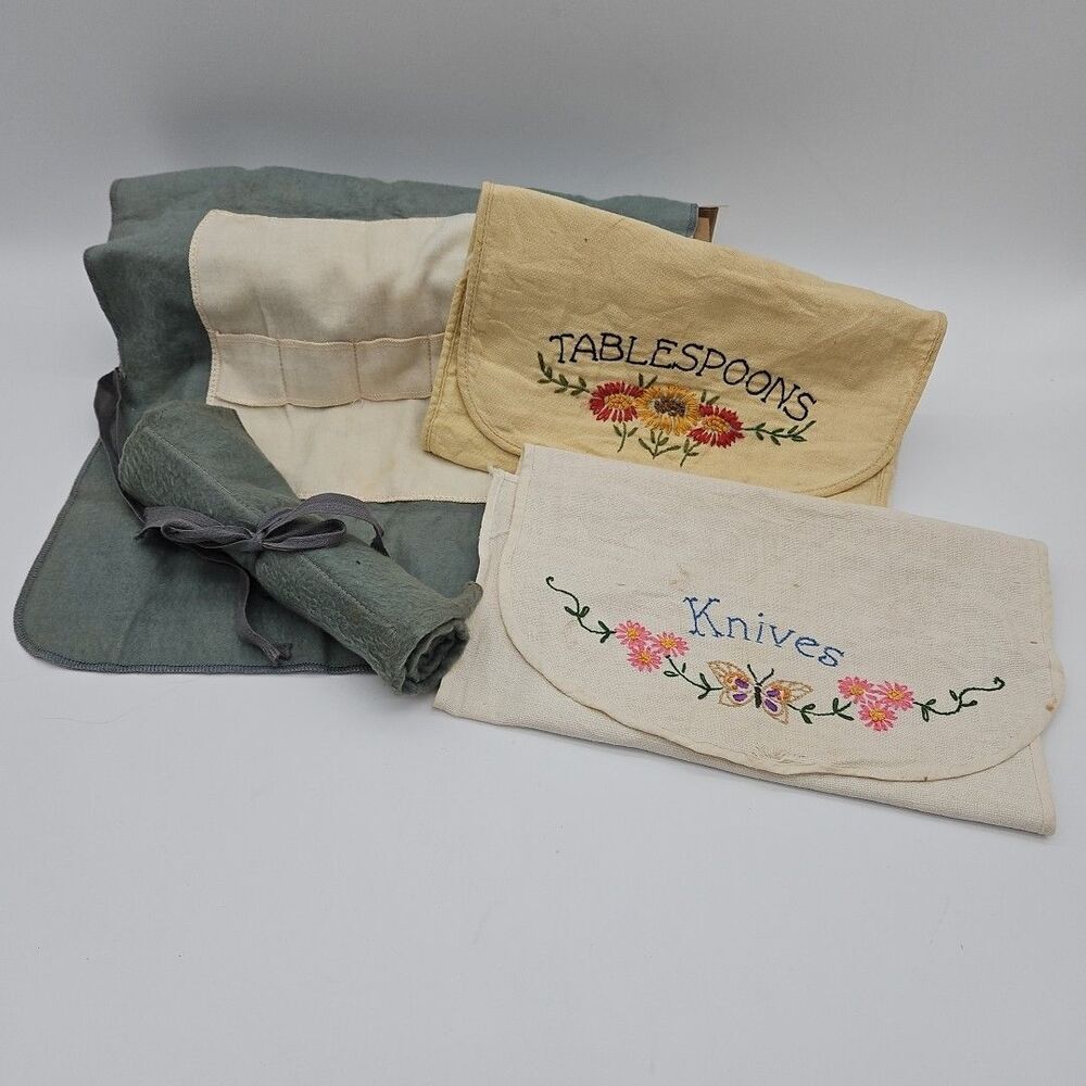 Vtg Cloth Tableware Holders Carriers Needlepoint Knives Tablespoons Set of 4